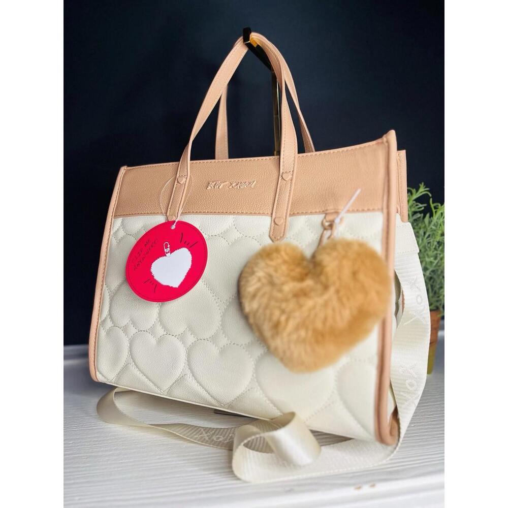 Betsey Johnson XO Becca Quilted Tote Satchel Beige Cream Heart Charm NWT